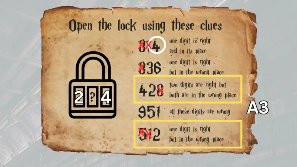 Solving for the first digit of the Restricted Section Lock in Hogwarts Escape Room