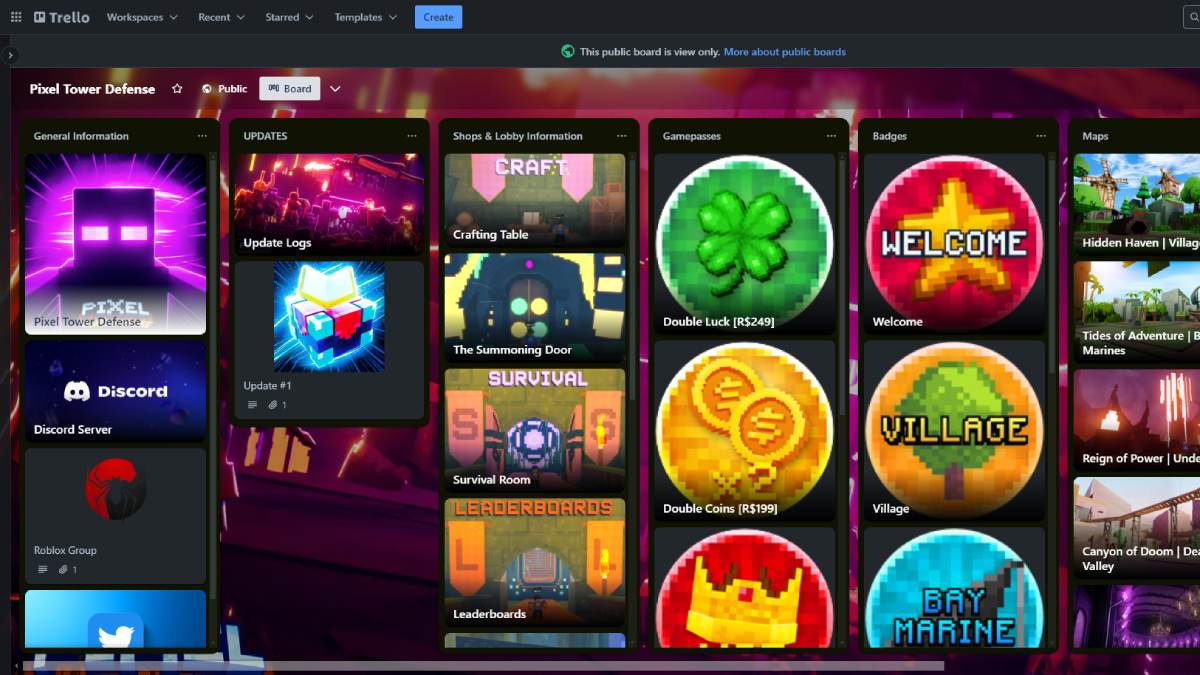 Pixel Tower Defense Trello board