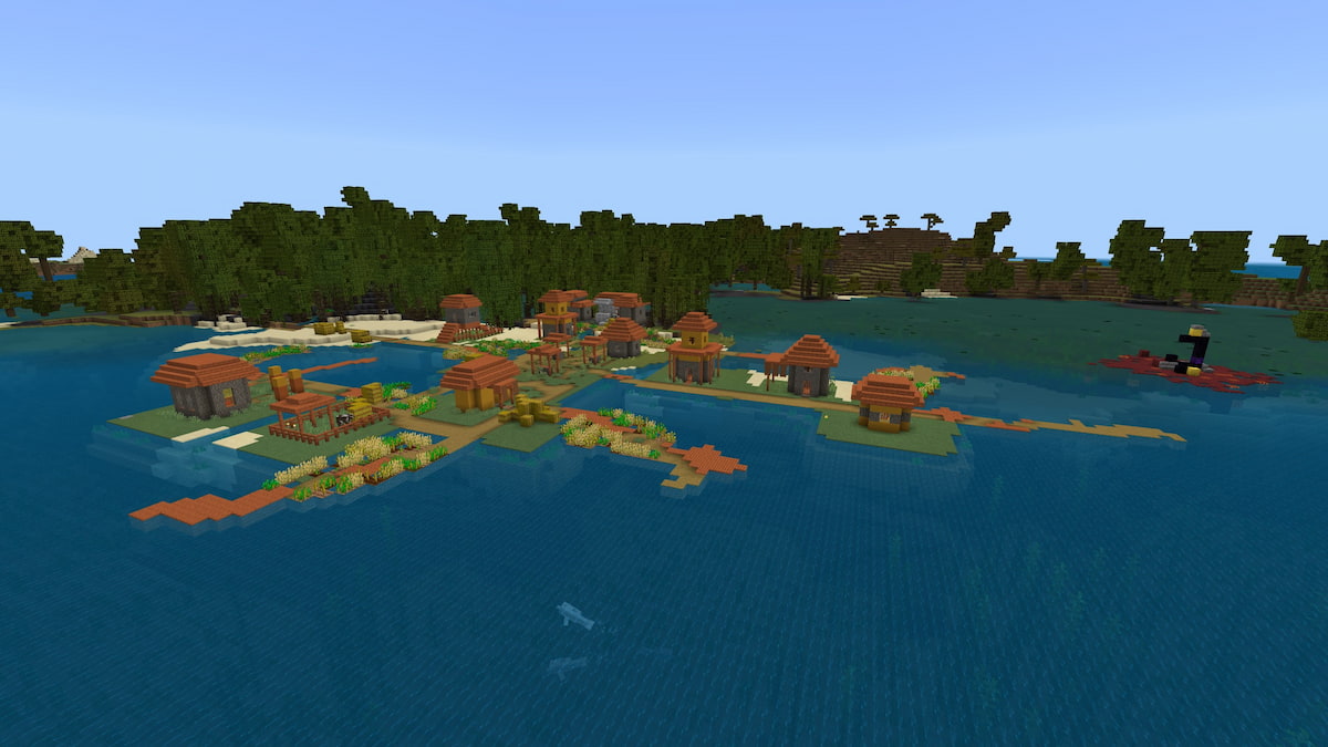 A Savanna Village floating on top of the waters around a Mangrove Swamp in Minecraft