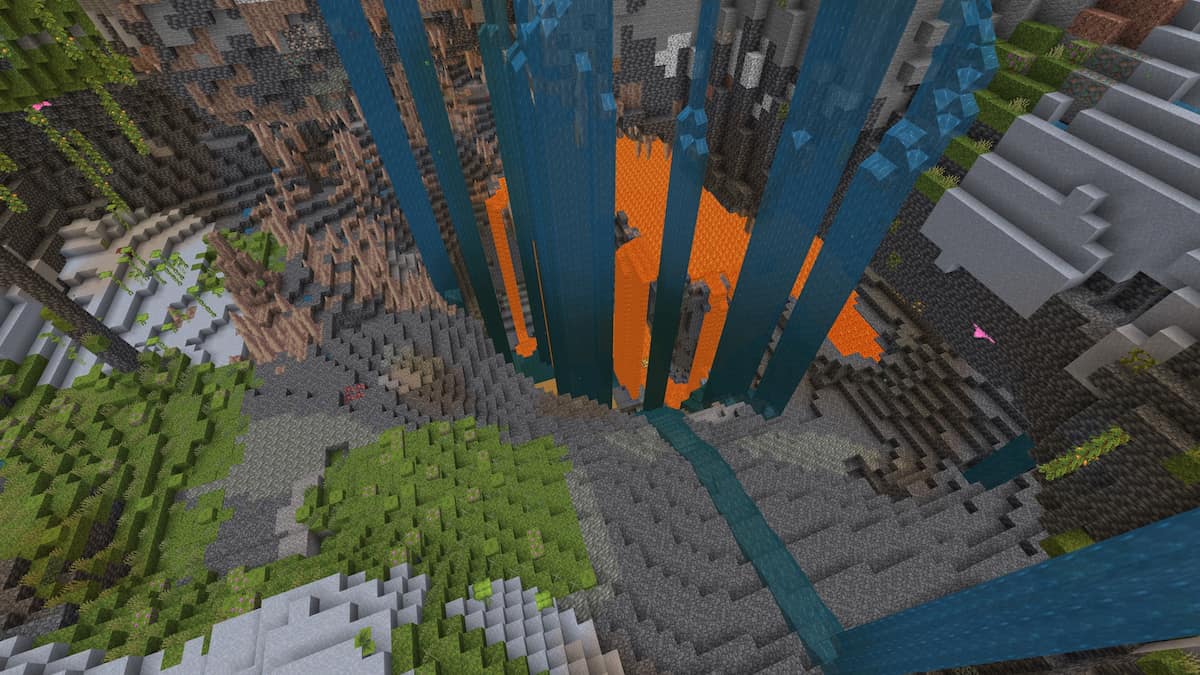 A lava lake spilling onto a Lush Cave mineshaft in Minecraft