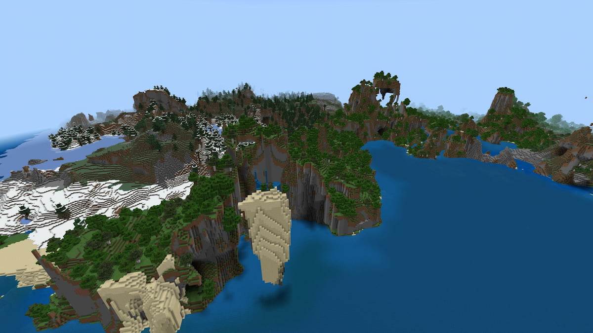 A Windswept biome surrounding a river and an ocean in Minecraft