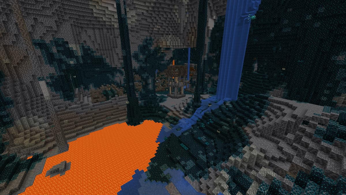 An Ancient City near a lava lake in Minecraft