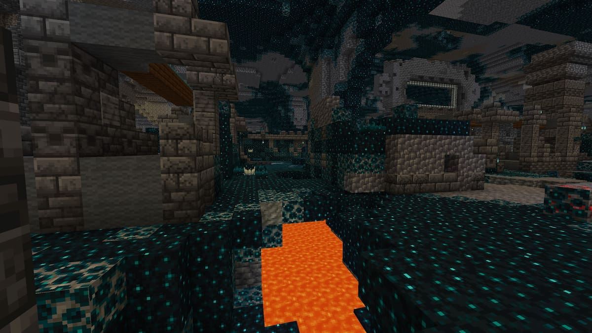 An Ancient City above a lava lake in Minecraft