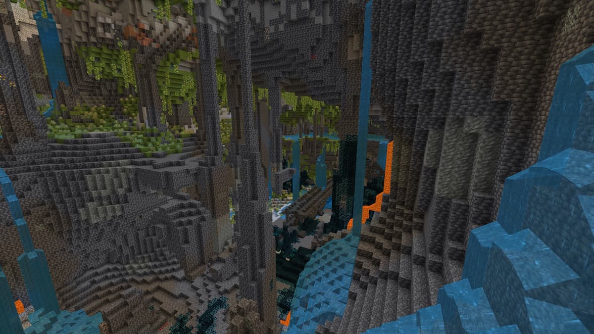 A Minecraft Ancient City exposed in a Lush Cave