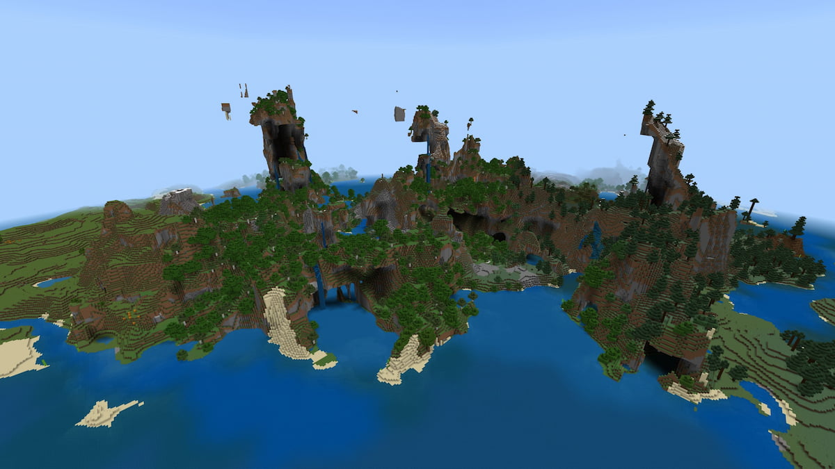 A large Minecraft island with a Windswept Hills biome containing small coves, waterfalls, and lots of caves