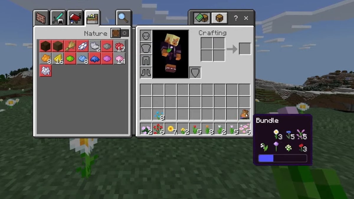 A Minecraft Bundle being used to store flowers