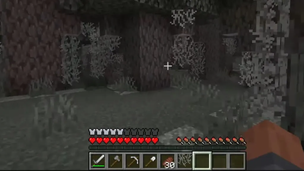 A Minecraft player exploring the Pale Garden biome