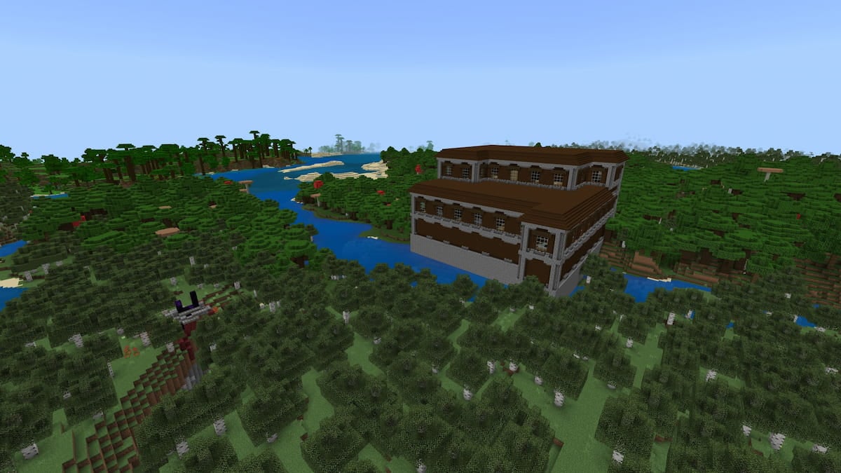 A Woodland Mansion on top of a river running through a Birch Forest in Minecraft