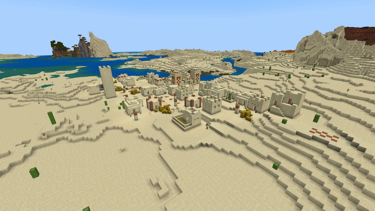 A Minecraft village in the Desert with a Desert Temple