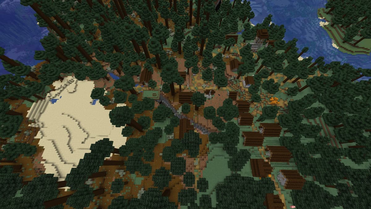 A Minecraft Taiga Village near a Lush Ravine and a Beach