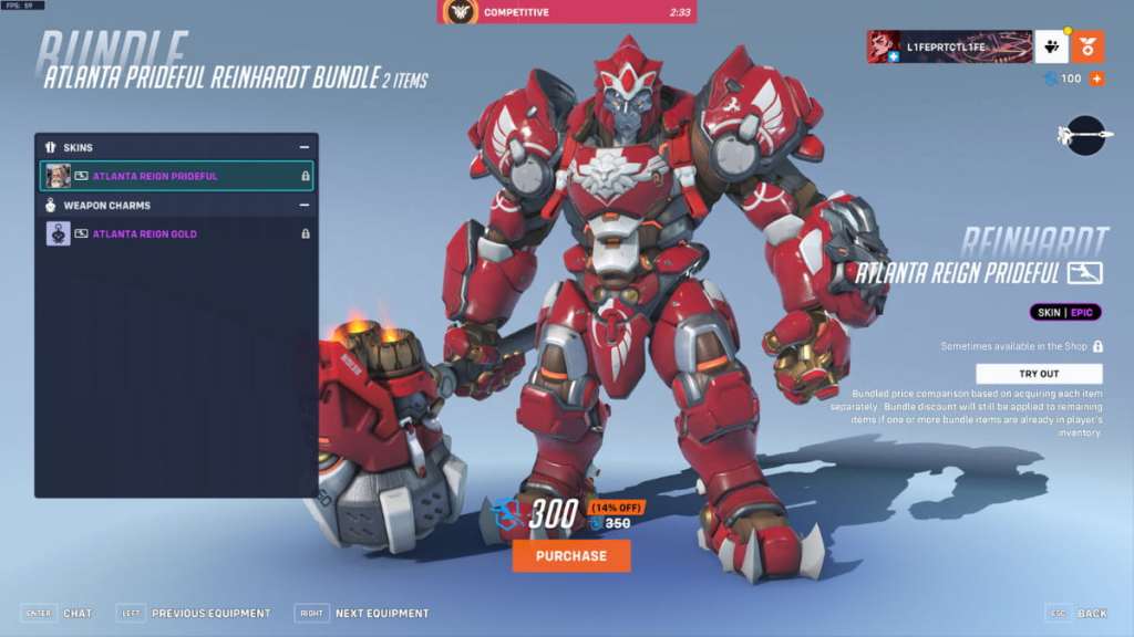 The Prideful Reinhardt skin for the Atlanta Reign in Overwatch 2