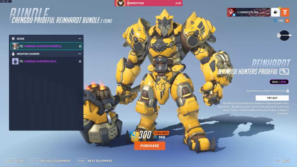 The Prideful Reinhardt skin for the Chengdu Hunters in Overwatch 2