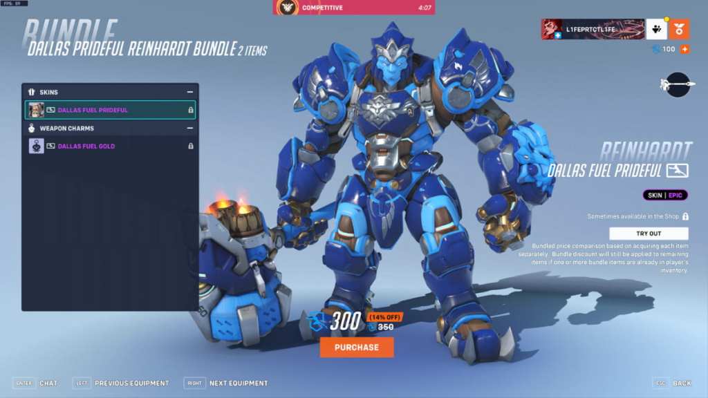 The Prideful Reinhardt skin for the Dallas Fuel in Overwatch 2