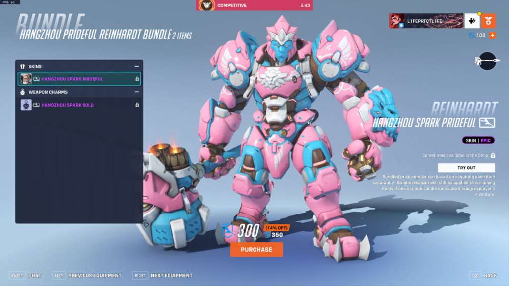 The Hangzhou Spark Prideful Reinhardt skin in Overwatch 2