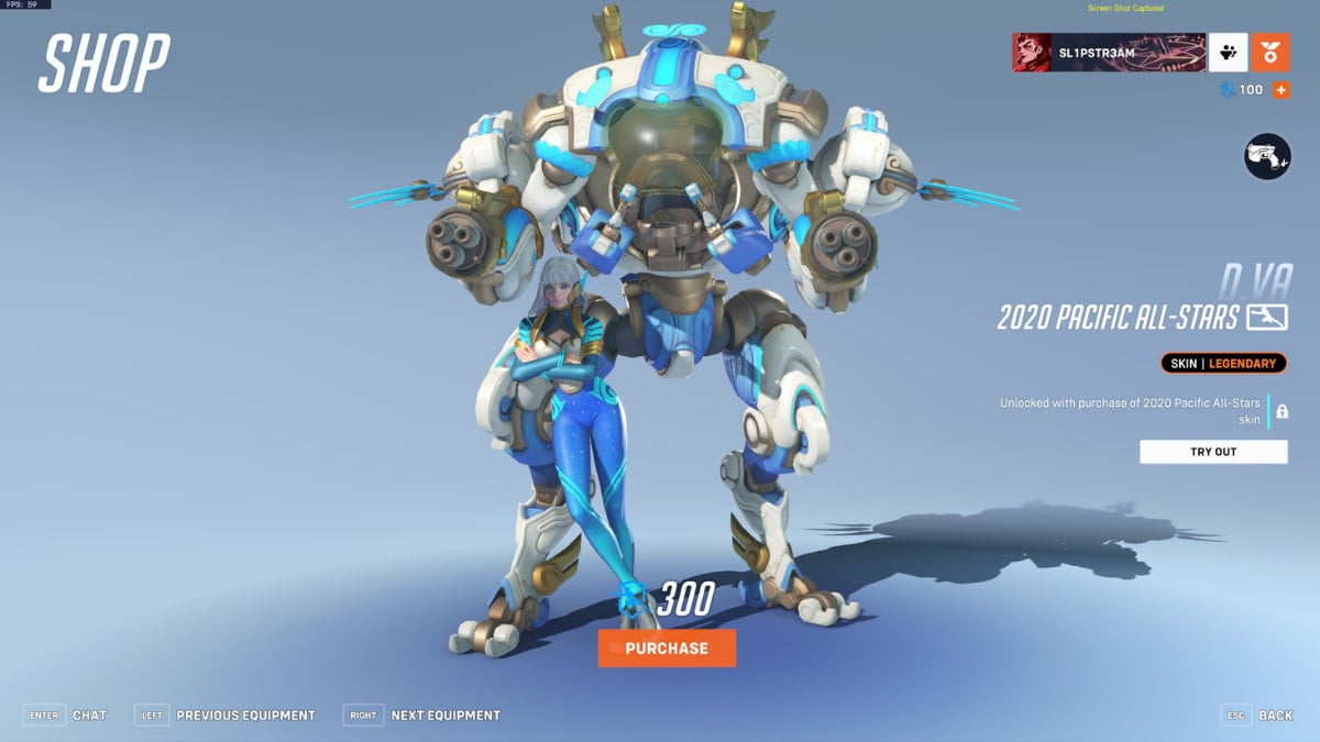 The 2020 Pacific All-Stars D.Va skin in Overwatch 2