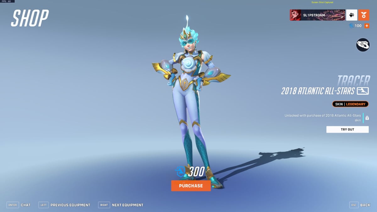 Tracer's 2018 Atlantic All-Stars skin in Overwatch 2