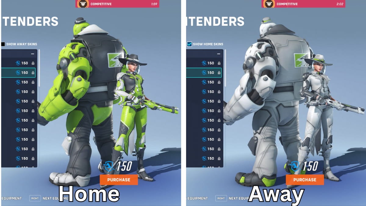 The Overwatch Contenders home and away skins for Ashe and Bob