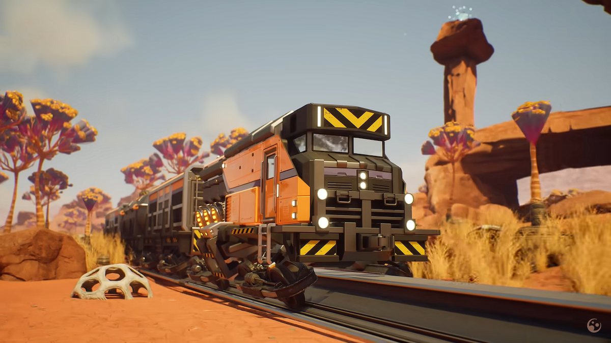 A train moving on some tracks in Satisfactory.