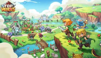 A promotional image for Top Heroes featuring Warrior, Archer, and Minister rushing to protect their land