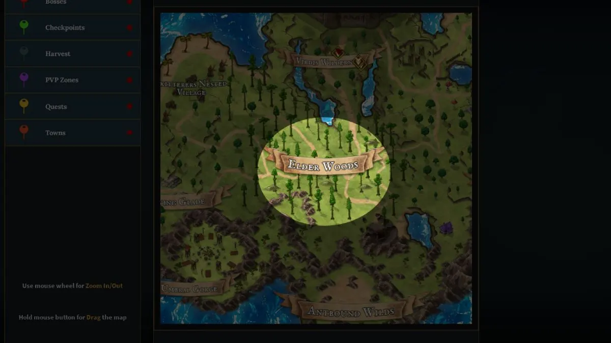 Elder Woods location marked on the Devas of Creation map