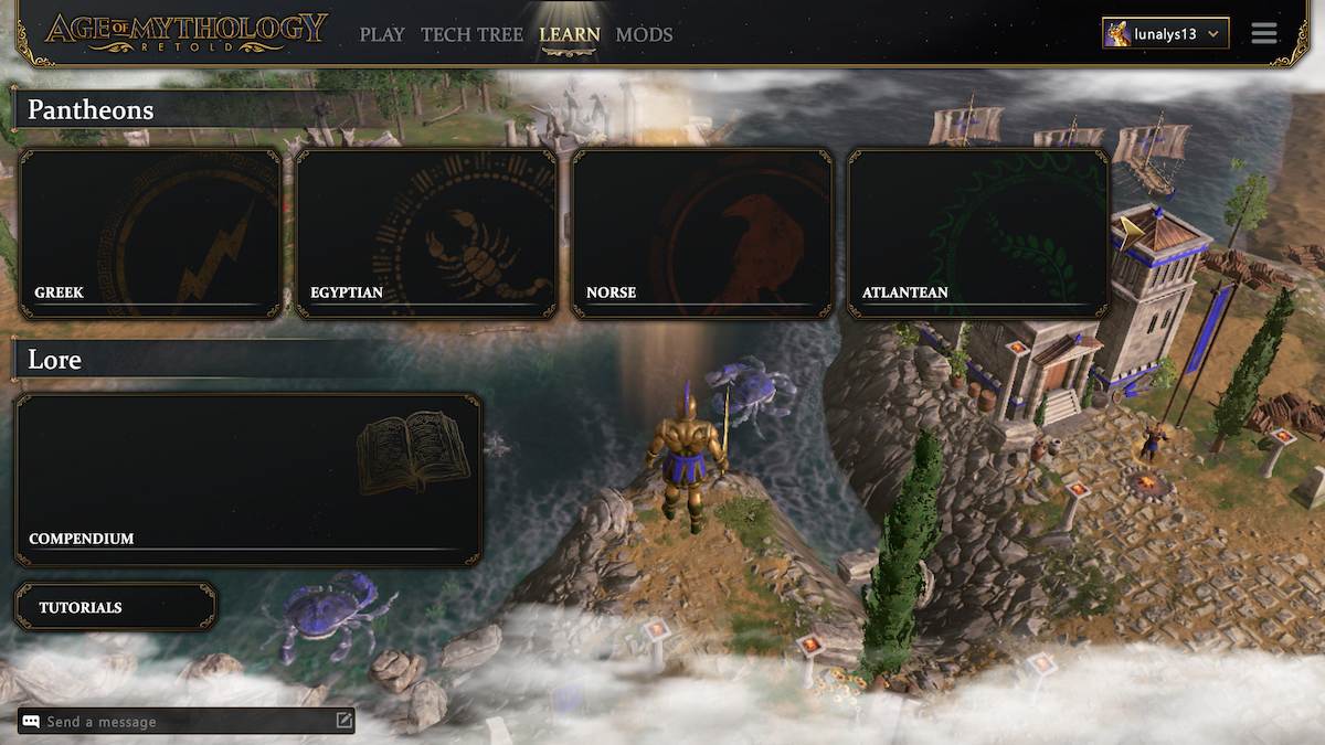 The game screen to learn about all four factions in Age of Mythology: Retold.