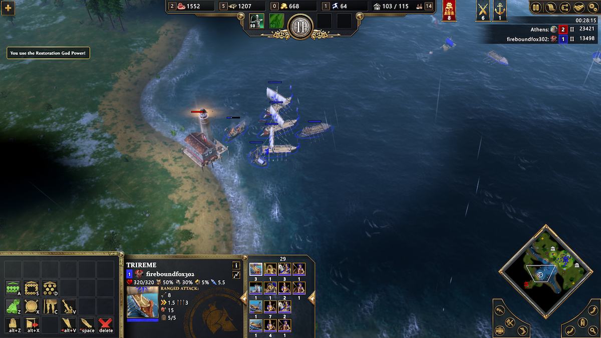 Ships attacking an enemy dock in Age of Mythology: Retold.