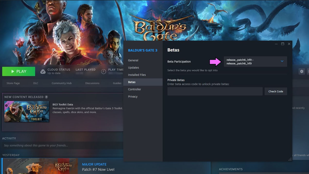 Baldur's Gate 3 properties menu on Steam