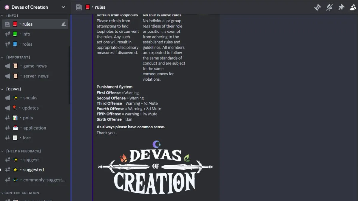 Devas of Creation Discord #rules channel