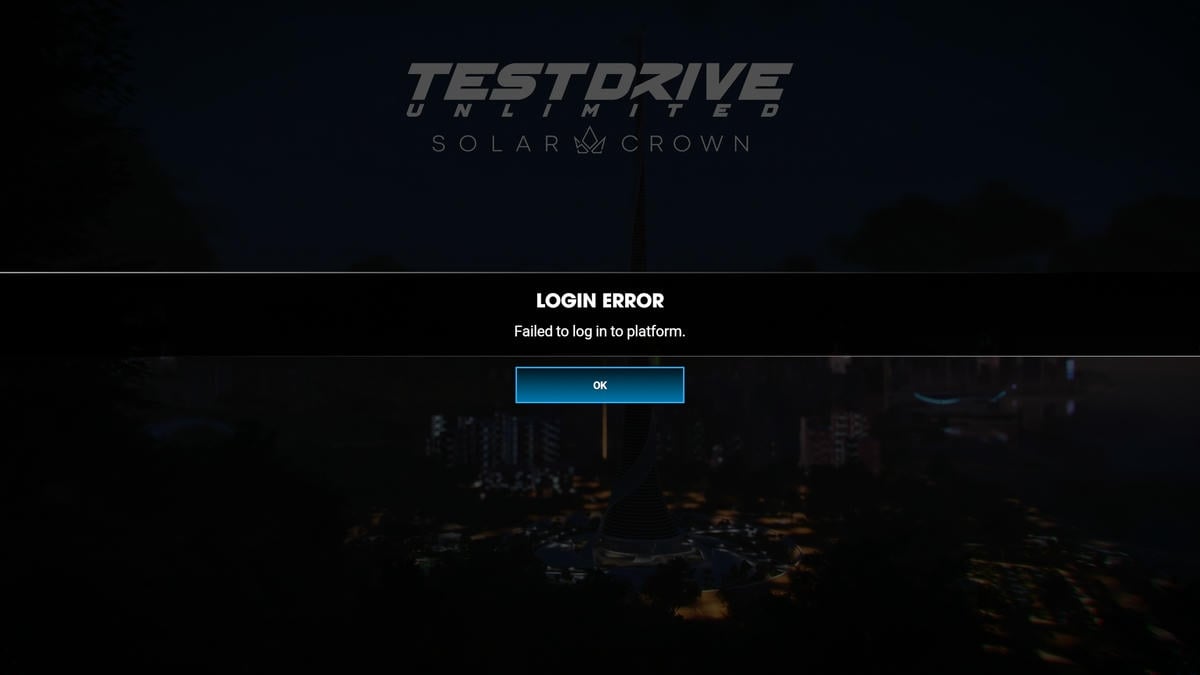 Test Drive Unlimited Solar Crown login failed error screen