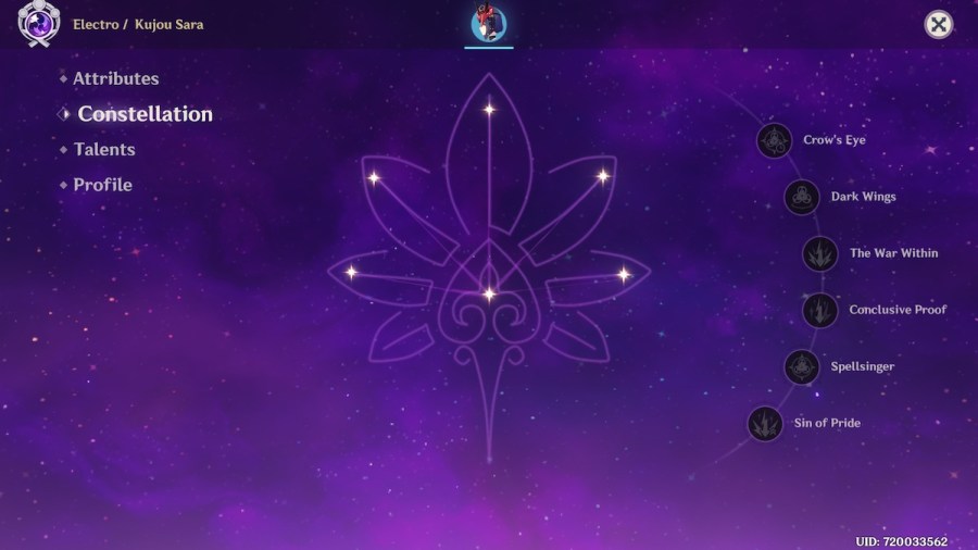 Sara’s consellations in Genshin Impact.