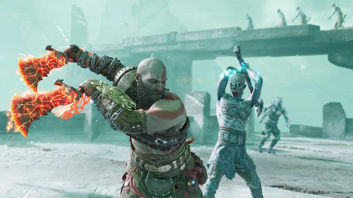 Kratos fighting in God of War Ragnarok for PC.