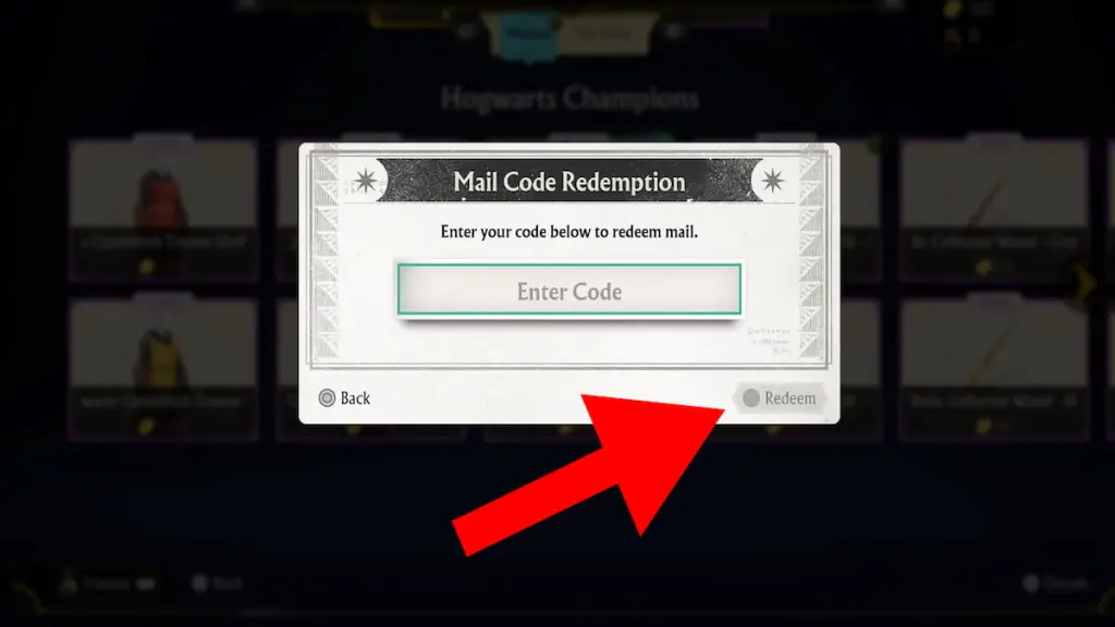 In-game screenshot of the code redemption system of Harry Potter: Quidditch Champions