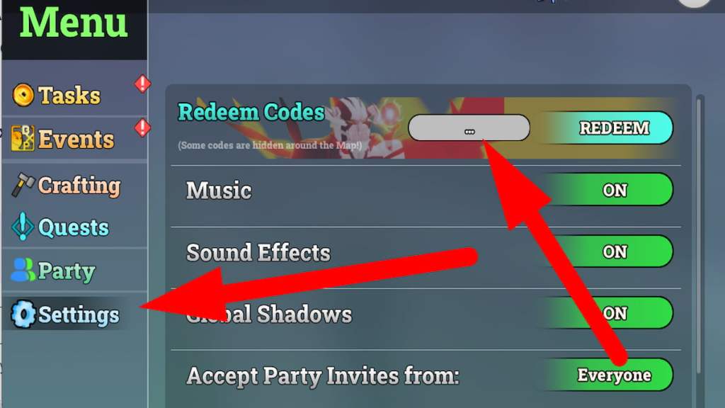 How to redeem codes in Lost Souls, step 2