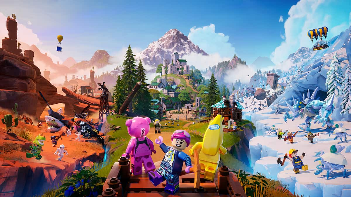 A promotional picture of LEGO Fortnite featuring a rich array of characters and landscapes.