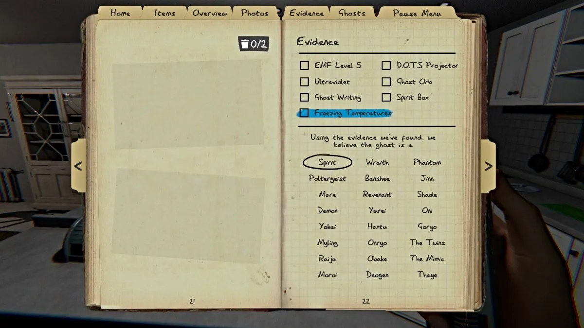 Evidence tab in journal in Phasmophobia