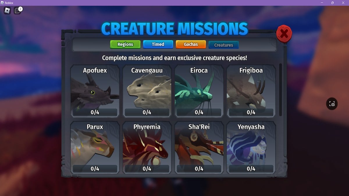 Eight of the creatures you can get through creature missions in Creatures of Sonaria.