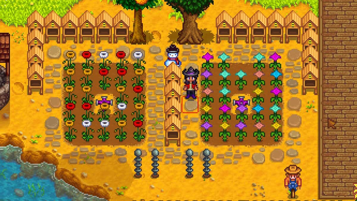 Farmer surrounded by flowers in Stardew Valley