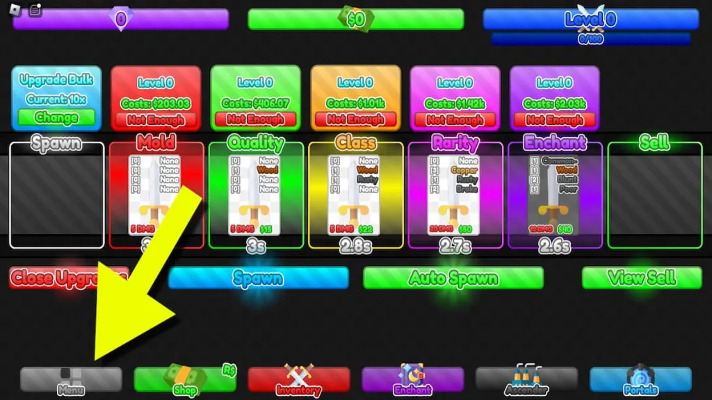 In-game screenshot of the Sword Factory GUI menu.