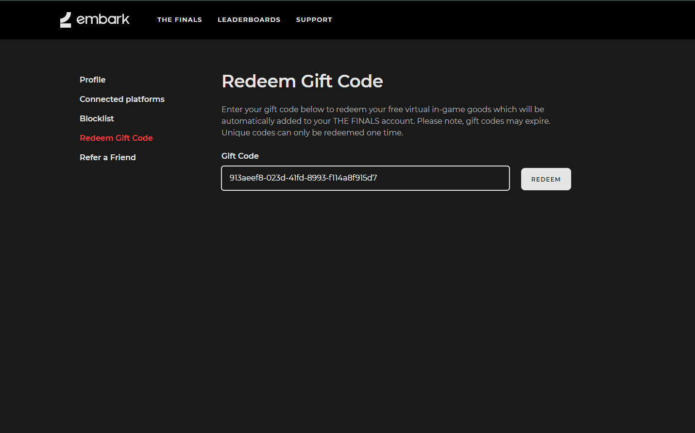 Embark website gift code redeem