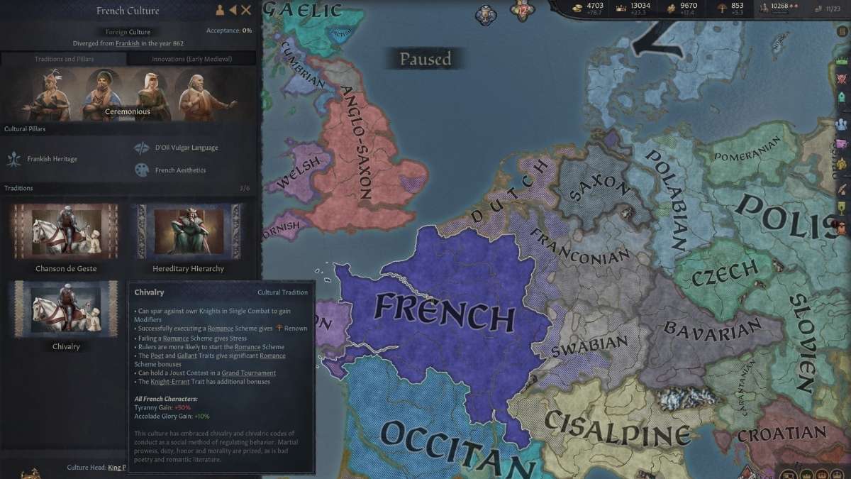 French culture with Chivalry tradition in CK3.