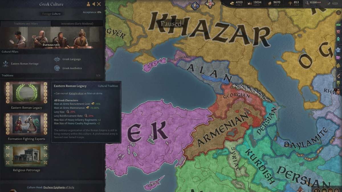 Greek Culture with Eastern Roman Legacy tradition in CK3.