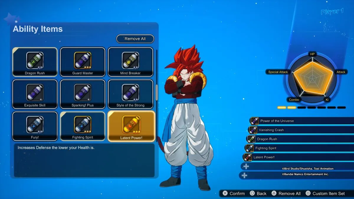 Gogeta equipping ability items in Dragon Ball Sparking Zero.