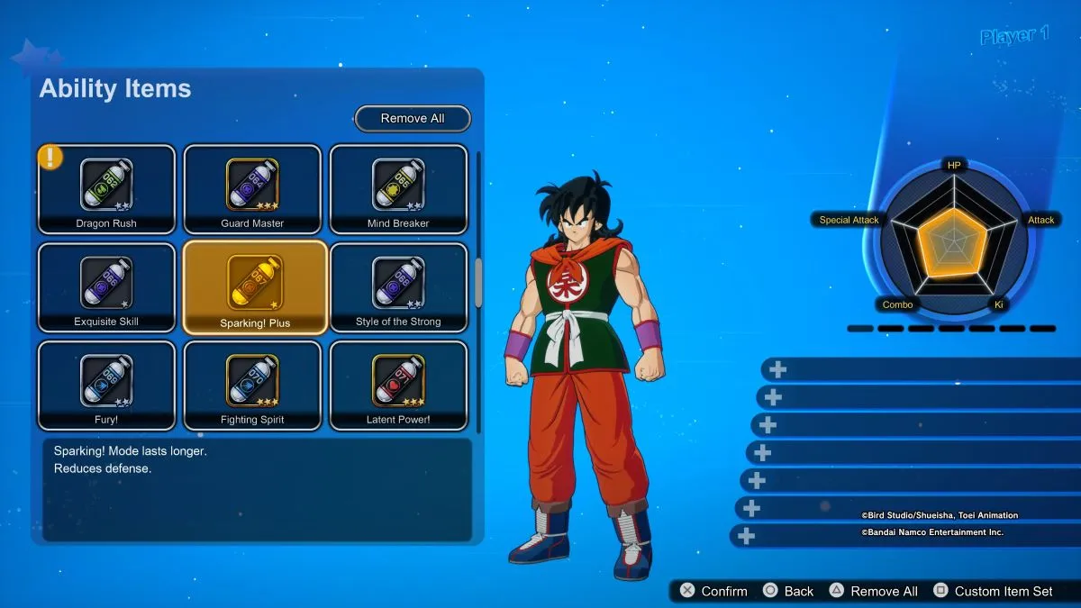 Yamcha equipping a C-tier ability item in Dragon Ball Sparking Zero.