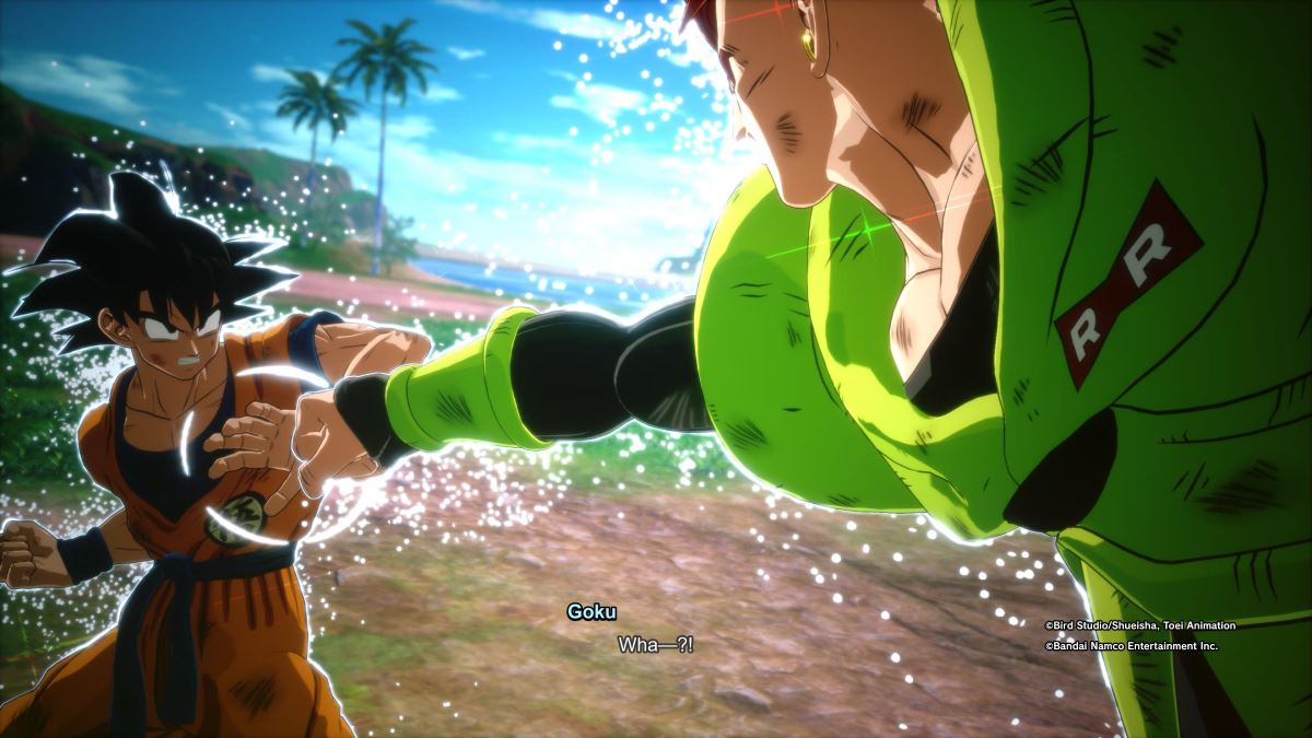 Goku blocking Android 16's blow in Dragon Ball Sparking Zero.