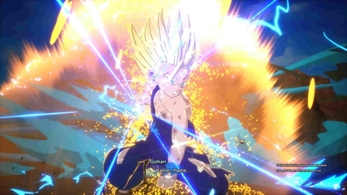 Super Saiyan 2 Gohan charging his Kamehameha against Cell in Dragon Ball Sparking Zero.