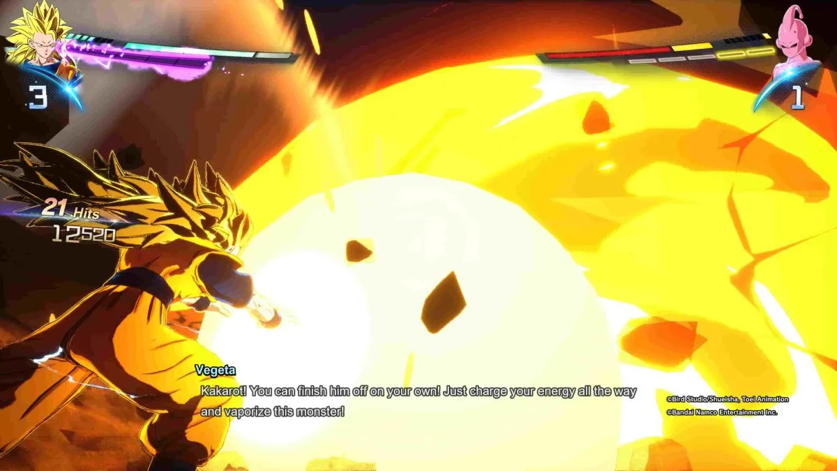 Super Saiyan 3 Goku climatic battle vs Kid Buu in Dragon Ball Sparking Zero.