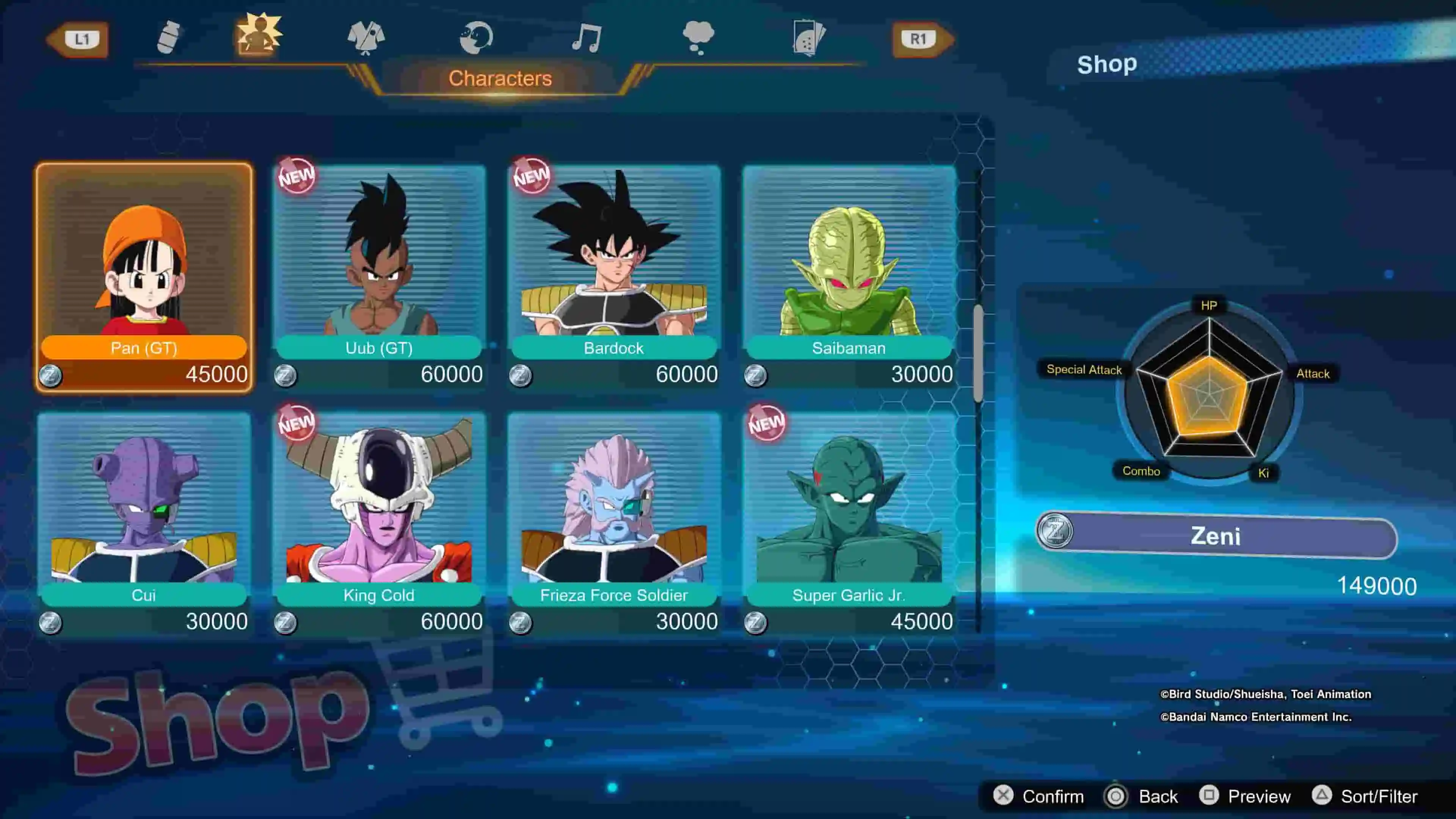 Unlockable characters in Dragon Ball Sparking Zero's shop.