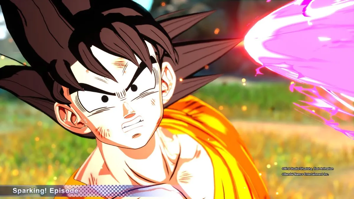 Goku avoiding a special beam cannon in Dragon Ball Sparking Zero.