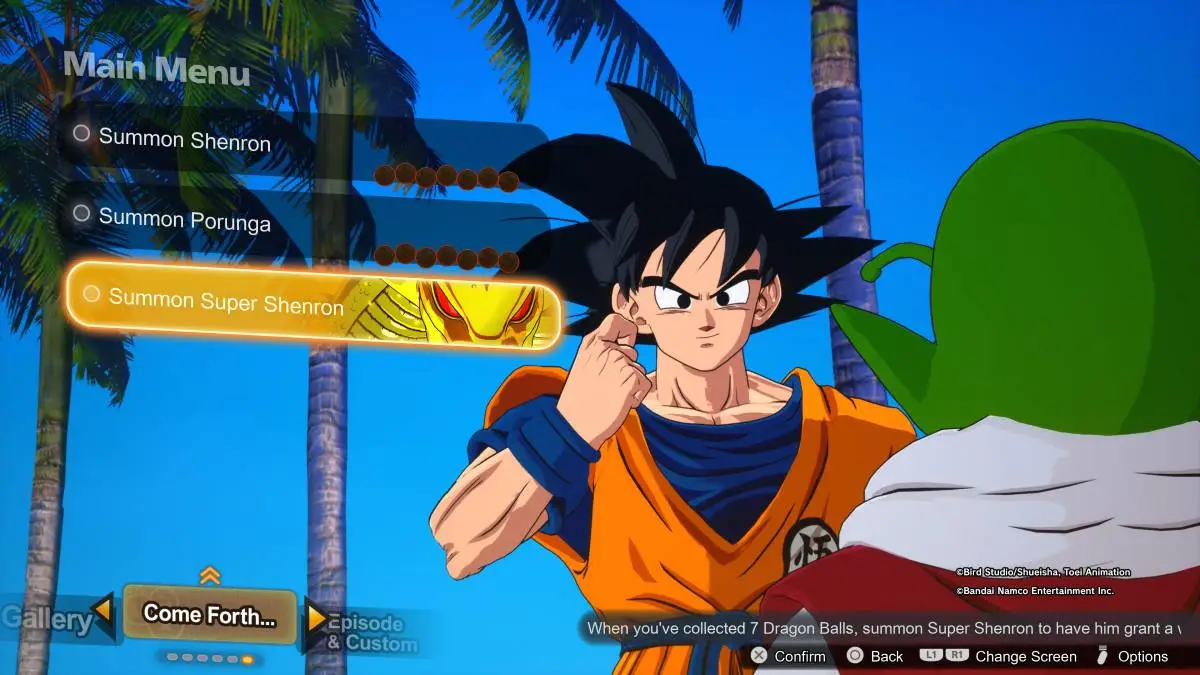 Goku and Dende about to summon Super Shenron in Dragon Ball Sparking Zero.