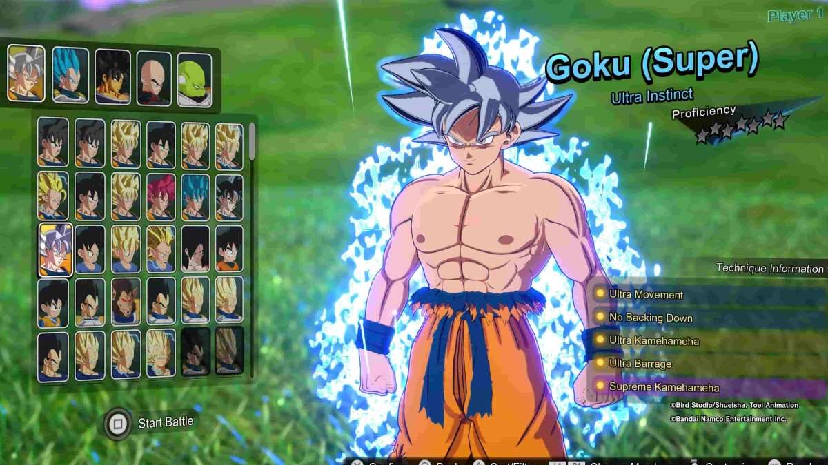 Ultra Instinct Goku in Dragon Ball Sparking Zero's character select screen.